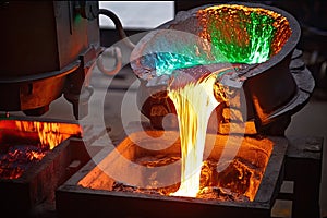 metal casting process in progress, with molten metal being poured into a mold