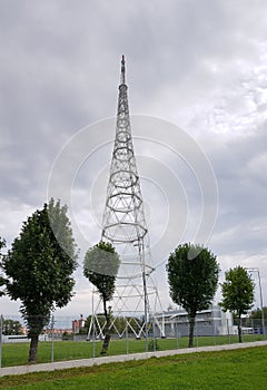 Metal cell tower in the city