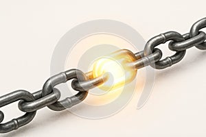 A metal chain with a golden shining link. Space for text.