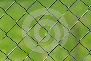 Metal chain-link fence on a green grass background