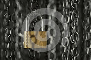 Metal chains hanging vertically with a shiny lock. Business data encryption, home security, or other safeguarding metaphor photo