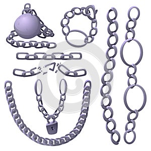 Metal chains with whole and broken links and lock