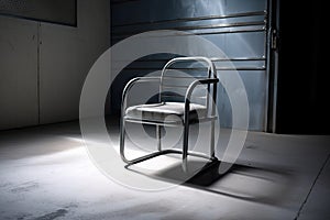 metal chair with cushioned seat and armrests, surrounded by concrete floor