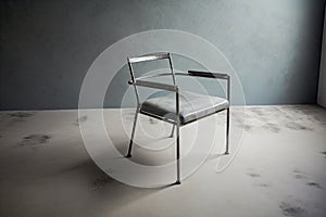 metal chair with cushioned seat and armrests, surrounded by concrete floor