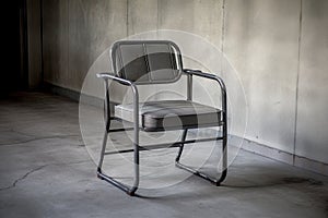 metal chair with cushioned seat and armrests, surrounded by concrete floor