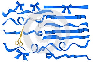 Metal chrome and golden scissors cutting azure blue silk ribbon. Realistic opening ceremony symbols Tapes ribbons and