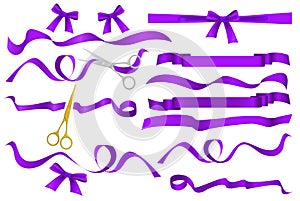 Metal chrome and golden scissors cutting purple violaceous violet silk ribbon. Realistic opening ceremony symbols Tapes