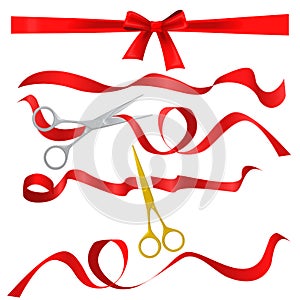 Metal chrome and golden scissors cutting red silk ribbon. Realistic opening ceremony symbols Tapes ribbons and scissors