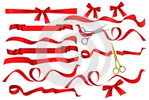 Metal chrome and golden scissors cutting red silk ribbon. Realistic opening ceremony symbols Tapes ribbons and scissors photo
