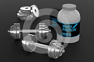 Metal Chrome Gym Equipment Dumbbell Pair with Whey Protein Supplements on Black Background - 3D Illustration
