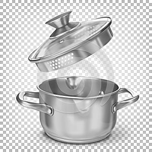 Metal chrome vector kitchen stockpot for soup with the lid open photo