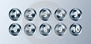 Metal circle buttons with numbers set. Vector Chrome Metallic textured gold badges, shiny design elements for background, web,