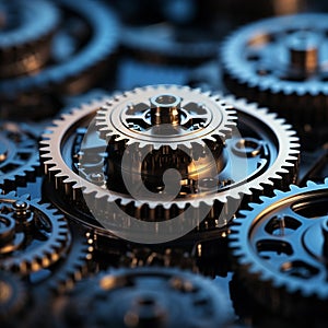 Metal cogs intricately crafted, closeup 3D illustration, epitome of precision