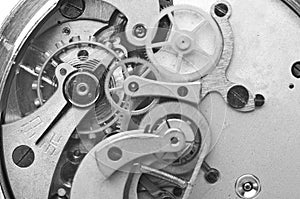 Metal Cogwheels Clockwork Black and white Macro Photo.