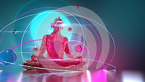Metal colden complex figure in zen pose in vr gear with futuristic rings and balls around on colorful background