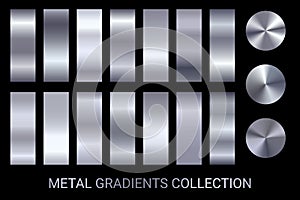 Metal color palette set metallic gradients vector. Silver colors collection vector. Metallic chrome, titanium, steel