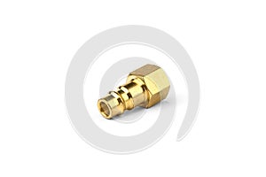 Metal connector for connection with hose of compressor isolated on white background. External fitting.
