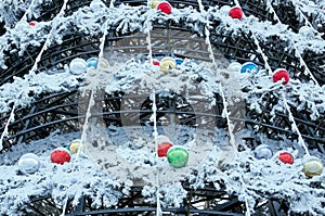 Metal construction of an artificial Christmas Tree of Krasnoyarsk, covered with hoarfrost at minus 40 centigrade.
