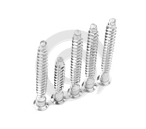 Metal countersunk screws on white. Hardware tool