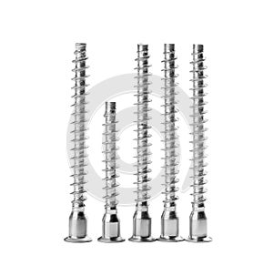 Metal countersunk screws on white. Hardware tool