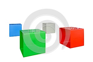 Metal cubes of different colors on a white background. Colorful cubes for sitting on an isolated background