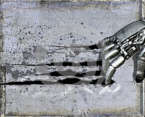 Metal cyborg robot hand ripping wall
