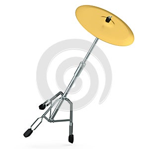 Metal cymbal on a stand on white. 3d render of musical percussion instrument