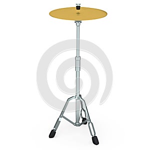 Metal cymbal on a stand on white. 3d render of musical percussion instrument