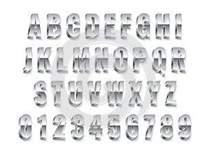 Metal 3d font. Realistic silver capital english letters and numbers, modern white steel alphabet collection, chrome