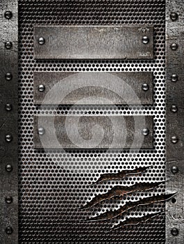 Metal damaged grate background with rivets