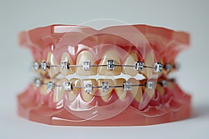 metal dental bracers on a model of human theeth
