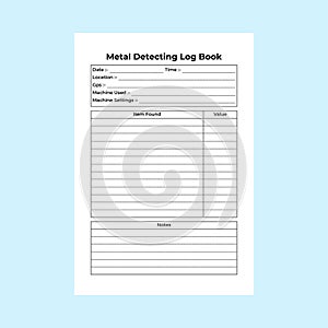 Metal detecting KDP interior logbook. Metal detecting location recorder and item information tracker template. KDP interior log