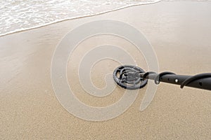 Metal Detector Search Coil Scanning Beach Sand, Treasure Hunt, Lost Jewels, Copy Space for Text