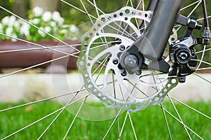 Metal disc brake detail on mountain bicycle