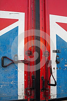 Metal door of the container with British flag