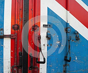 Metal door of the container with British flag