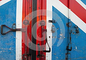 Metal door of the container with British flag