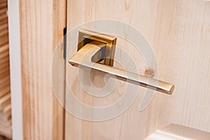 Metal door handle close-up. The design of a wooden interior or entrance door