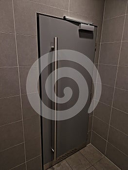metal door handle by the toilet with lower ventilation with a