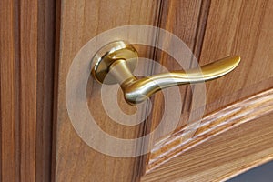 Metal door handle in a wooden door, closeup. Door handle in the interior.