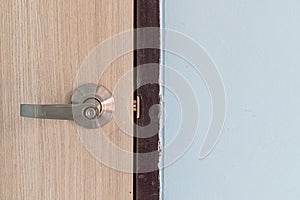 Metal door handles on modern wooden doors.
