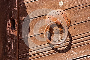 Metal door knocker on wooden door, Toplou Monastery, Crete