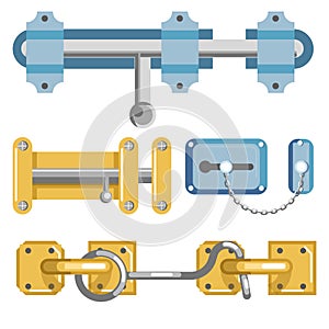 Metal door latches with bolt and chain or cabin hook