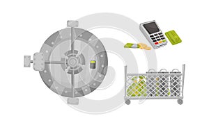 Metal Door of Safe Deposit or Vault with Code System, Cart and PIN Pad Vector Set