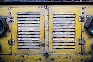 metal doors / front grill of an old locomotive , historic railroad