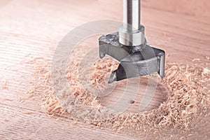 Metal drill bit forstner make holes in a wooden oaks plank