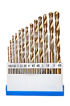 Metal drill bits for metal, wood, isolated on a white background, close-up, a set of drills