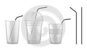 Metal drinking straw. Reusable steel straw cocktail equipment vector isolated set