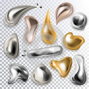 Metal drop vector metallic liquid droplet silver realistic splash and metalline ball illustration set of chrome 3d