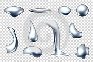 Metal droplets. 3d chrome drops. Mercury liquid flow. Silver blob texture for shapes. Metallic balls. Quicksilver drips photo
